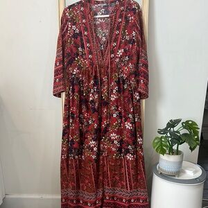 Red V-Neck Maxi Sundress with Bishop Sleeves